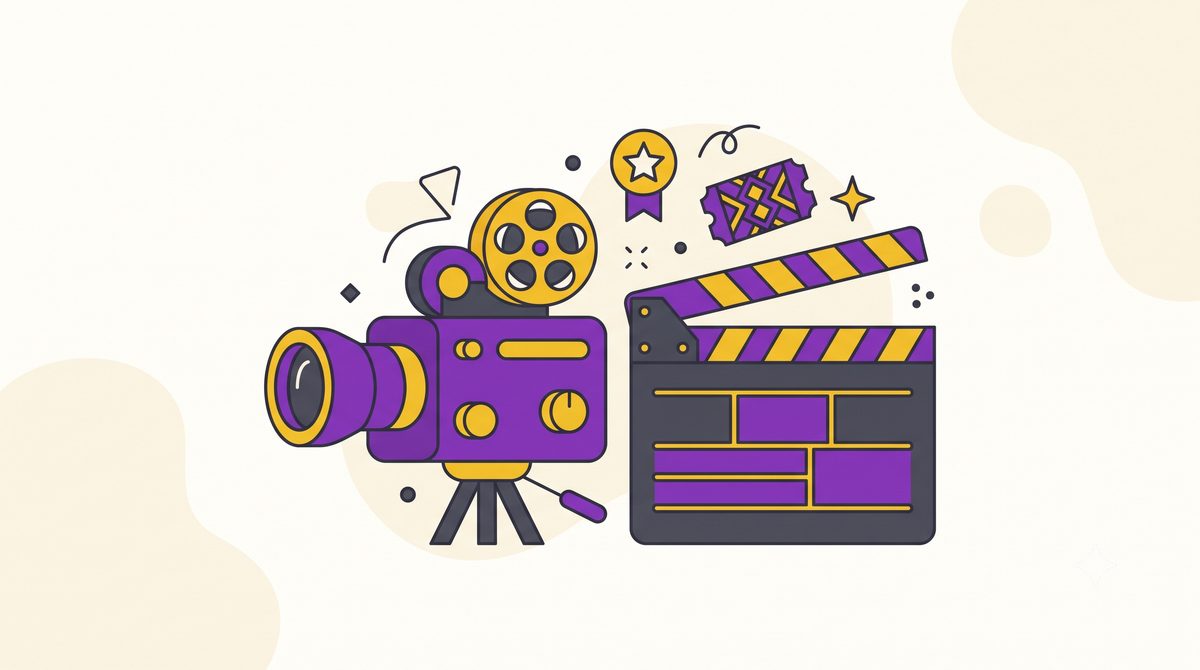 Ilustração de uma câmera de filmagem e uma claquete de cinema, representando um documentário viabilizado pela Lei Rouanet