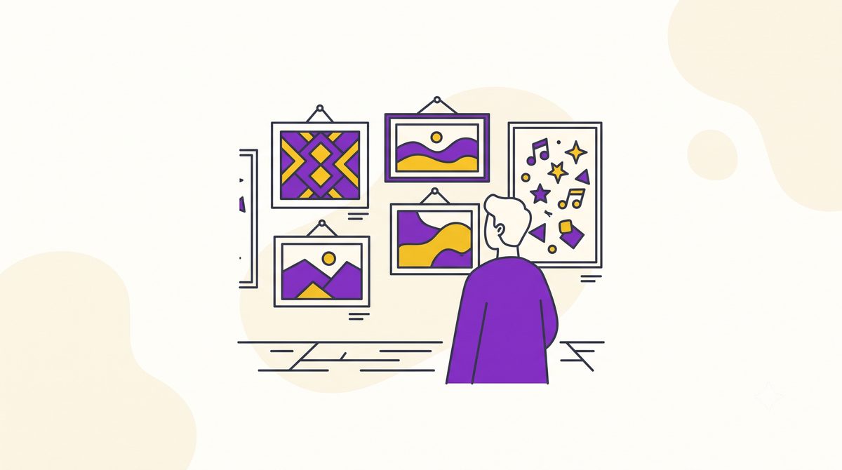 Ilustração de uma pessoa observando quadros em uma galeria de arte, representando uma exposição viabilizada pela Lei Rouanet