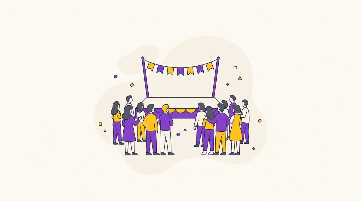 Ilustração representando um festival cultural com palco e público, viabilizado pela Lei Rouanet