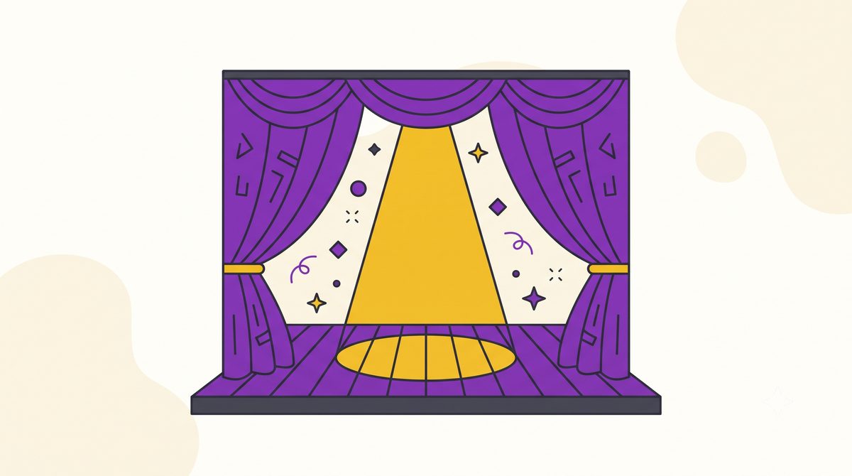Ilustração de uma cortina de teatro aberta com um holofote no palco, representando uma peça viabilizada pela Lei Rouanet