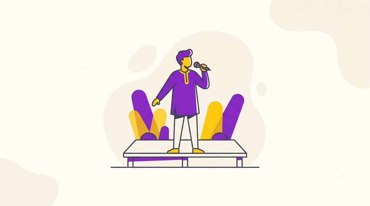 Ilustração de um artista cantando com microfone em um pequeno palco, representando um show viabilizado pela Lei Rouanet