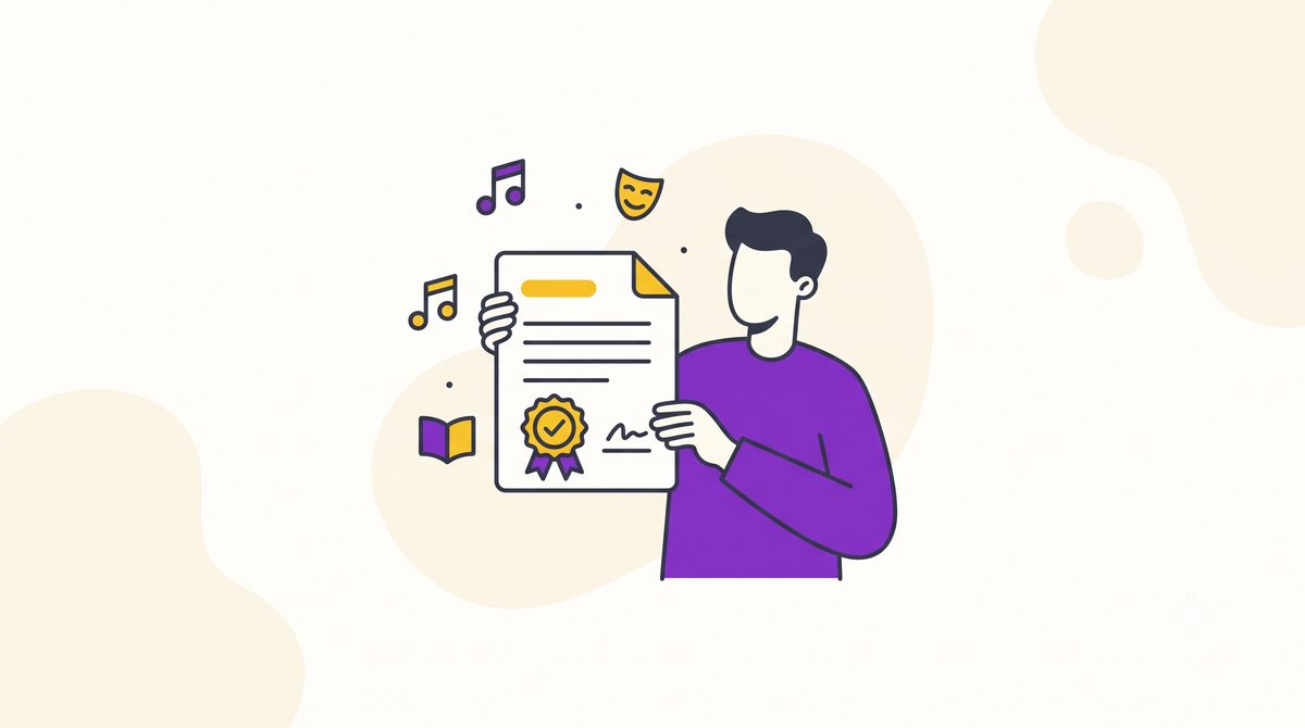 Ilustração de um homem segurando um documento aprovado com selo, cercado por ícones de música, teatro e livro, representando um projeto cultural aprovado pela Lei Rouanet