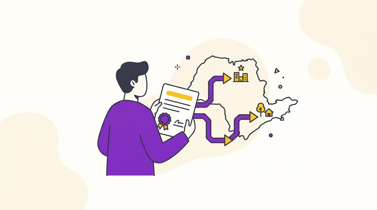 Ilustração de uma pessoa segurando um documento aprovado ao lado do mapa do estado de São Paulo, com dois caminhos indicados, representando os dois mecanismos do ProAC